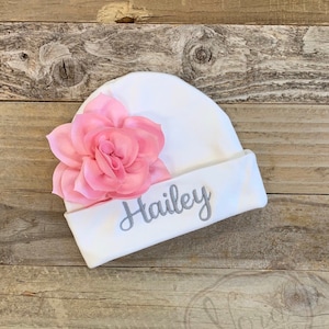 Personalized Newborn Beanie Hat- Baby Girl Lotus Flower Bow Hat- Embroidered Newborn Name Hat