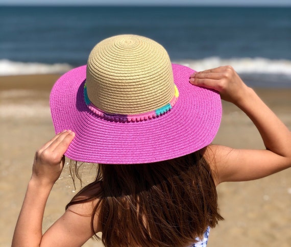 Straw Floppy Sun Hat with Pink Trim Girls Ribbon Flower Straw Floppy Sun Hat Summer Beach Pink  main image 2
