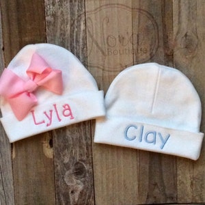 Personalized Newborn Beanie Hat- Baby Girl Bow Hat- Embroidered Newborn Name Hat