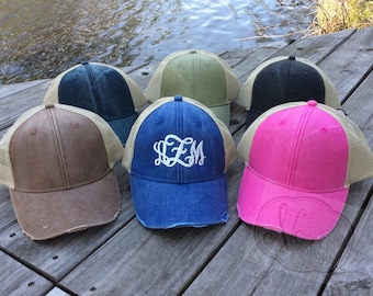 Monogram Trucker Hat, Monogrammed Trucker Hat, Distressed Trucker