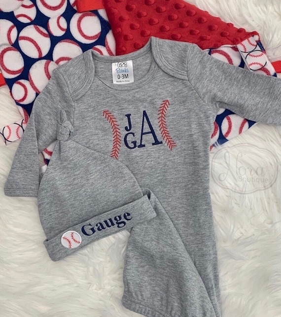 Monogram Baby Gown- Baseball  Baby Gown- Baby Boy Take Home Outfit