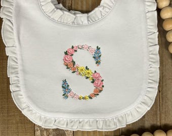adorable personalized ruffle baby girl flower letter bib