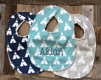 Personalized Baby Bib - Chenille Baby Boy Bib- Teepee- Monogrammed Baby