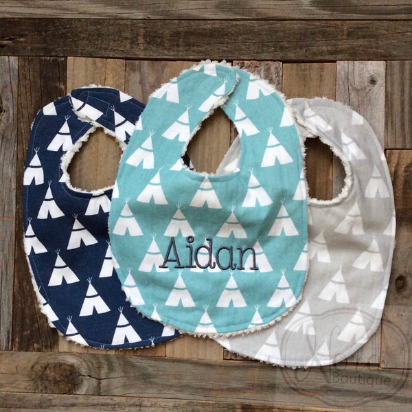 Personalized Baby Bib - Chenille Baby Boy Bib- Teepee- Monogrammed Baby