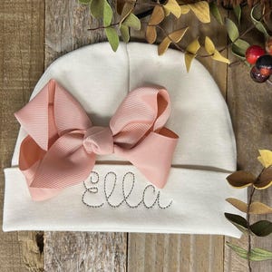 Personalized Newborn Beanie Hat- Baby Girl Bow Hat- Embroidered Newborn Name Hat