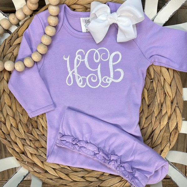 Monogram Baby Girl Purple Ruffle Gown- Personalized Baby Gown- Baby Girl Take Home Outfit- Newborn Gown