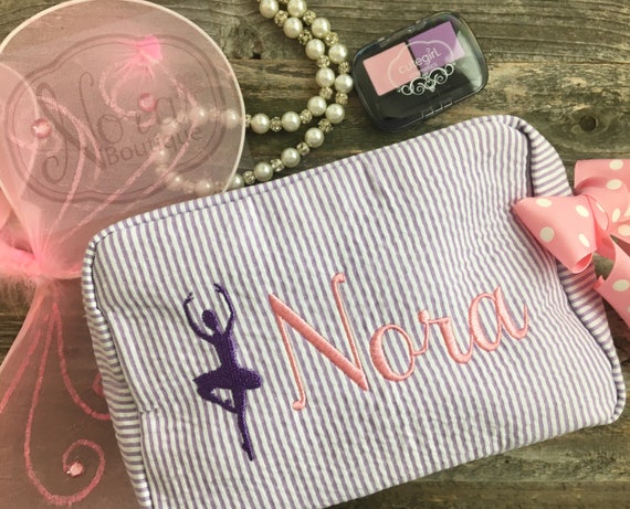 Monogrammed Seersucker Cosmetic Bag | Girls Makeup Bag | Makeup Case | Dance Gymnastic Bag