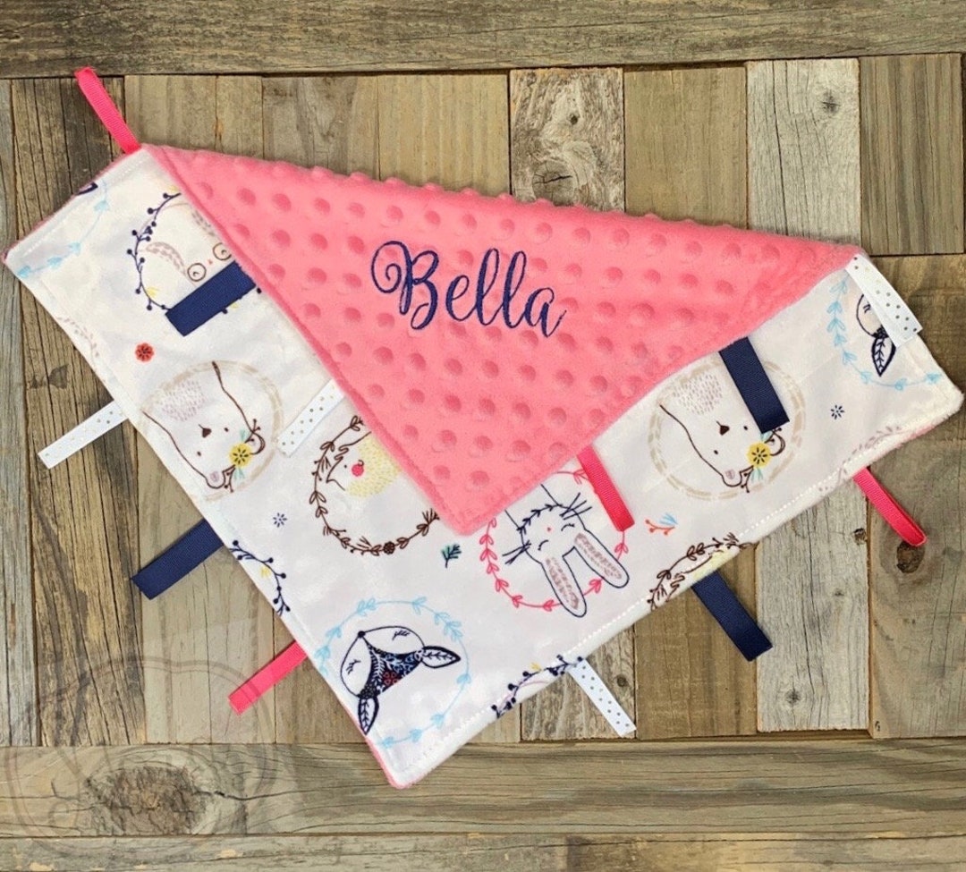 Personalized Baby Girl Lovey Tag Blanket Ribbon Lovey Blankie Sensory