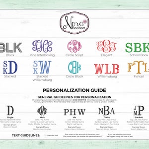 May include: A chart with different monogram styles, including block, vine interlocking, circle script, elegant, school book, stacked, Williamsburg, circle block, and fishtail. The chart also includes a personalization guide with examples of how to personalize each style.