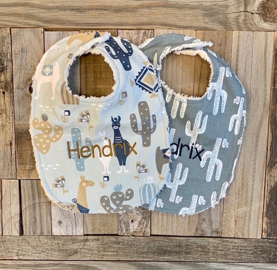 Personalized Baby Bib Set - Chenille Baby Boy Bib- Vintage Cactus and Llama- Monogrammed Baby