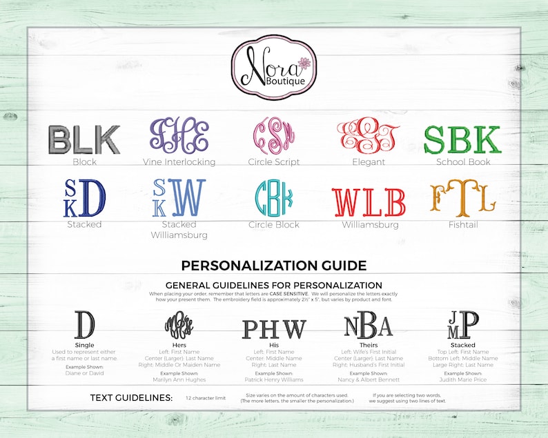 May include: A guide for personalized embroidery, featuring various font styles like Block, Vine Interlocking, and Circle Script. Includes examples of single, stacked, and monogrammed initials, along with text guidelines. The Nora Boutique logo is at the top.