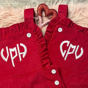 Monogrammed Baby Girl Romper Overalls, Valentine&#39;s Heart Monogram, Personalized Baby Clothing