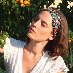 Gift for her | Blue & Orange Headband | Hair accessory | Summer | Flower print fabric | Ethical fashion | Vintage style | Made in France
