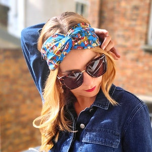 Women&#39;s draped headband upcycling made in france ethical fashion vintage hair accessory summer Mother&#39;s Day gift organic cotton printed blue yellow