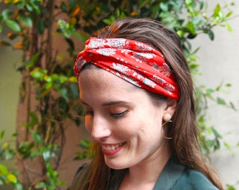 Headband drapé femme fait main made in france créateur coiffure vintage look tendance été cadeau anniversaire imprimé bohème fleurs rouge