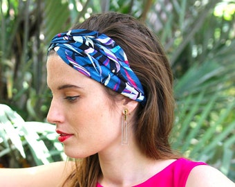 Headband drapé femme fait main made in france créateur coiffure vintage look tendance été cadeau anniversaire imprimé bohème fleurs bleu