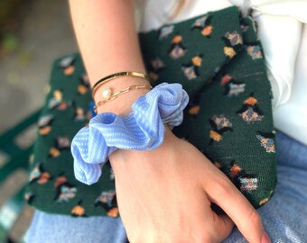 Handmade women's scrunchie made in france designer hairstyle vintage look trendy summer birthday gift printed polyester boho blue striped