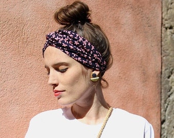 Headband drapé femme fait main made in france créateur coiffure vintage look tendance été cadeau anniversaire imprimé bohème fleurs bleu