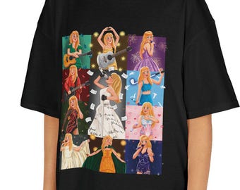 Puede incluir: Una camiseta negra de manga corta con una cuadrícula de nueve ilustraciones coloridas de una cantante rubia en varios atuendos y poses de escenario, incluyendo tocando la guitarra, cantando en un micrófono y vistiendo vestidos verdes, blancos, azules y dorados.