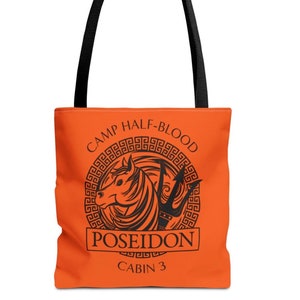 May include: Four orange tote bags with black handles and black Camp Half-Blood logos. Each bag features a different Greek god or goddess: Zeus, Hera, Poseidon, and Demeter. The logos include the god or goddess's name, cabin number, and a symbol representing them.