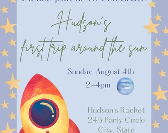 Plantilla de Canva para invitación de cumpleaños para el primer viaje alrededor del sol, invitación para el primer cumpleaños, primer cumpleaños con temática espacial