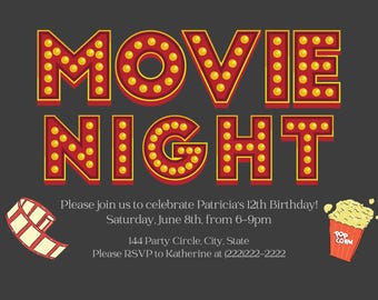 Movie Night Invitation Canva Template, Movie Birthday Party Invitation