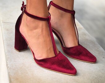 Red velvet shoe for women, Velvet Block Heel, Burgundy Velvet Pump, women heel, wine red velvet heel, block heel wedding, block heel wedding
