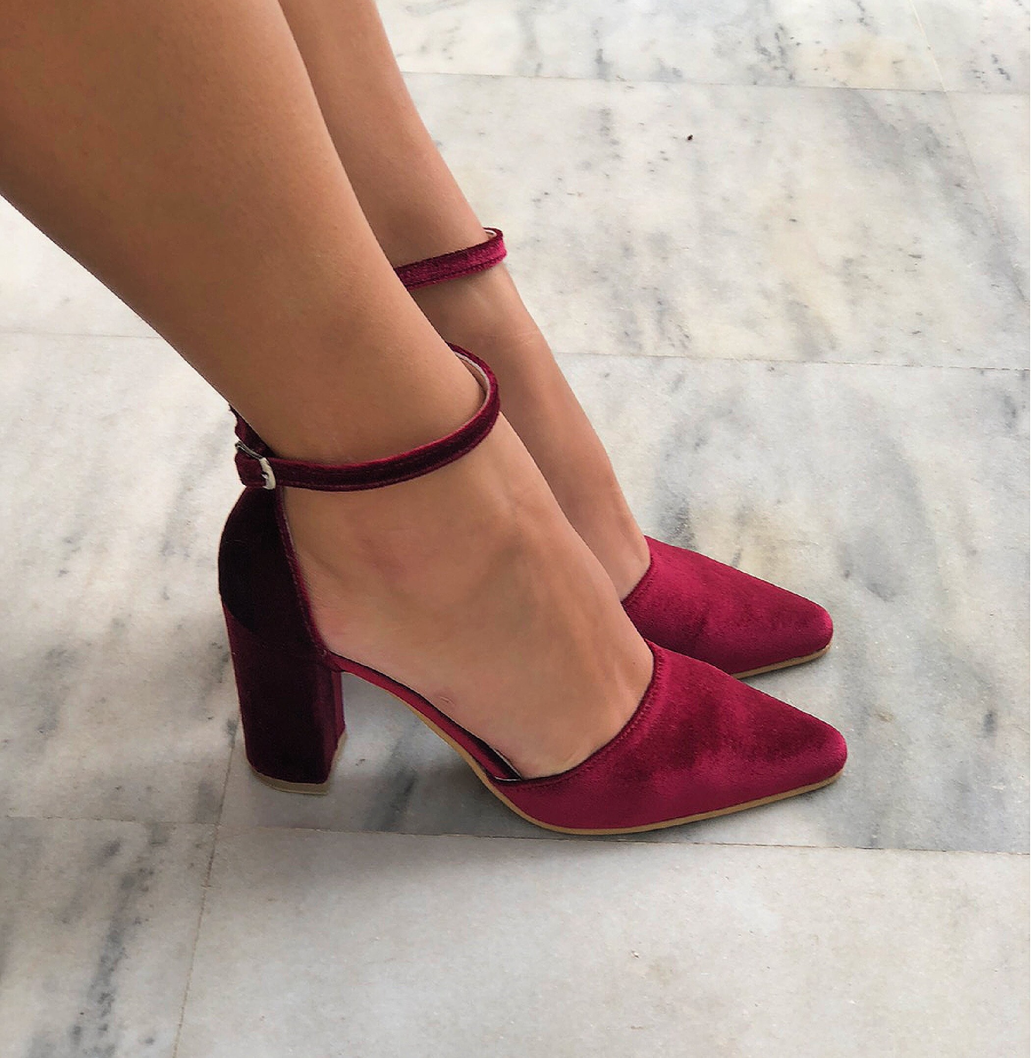 Red Burgundy Velvet Pointy Toe Heel 
