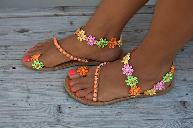 Women Sandals Greek Leather Sandals Boho shoes Flower | Etsy