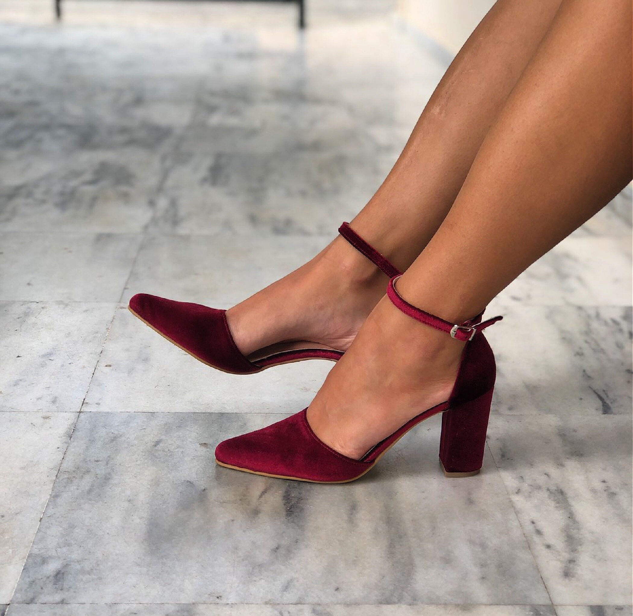 Red Burgundy Velvet Pointy Toe Heel 