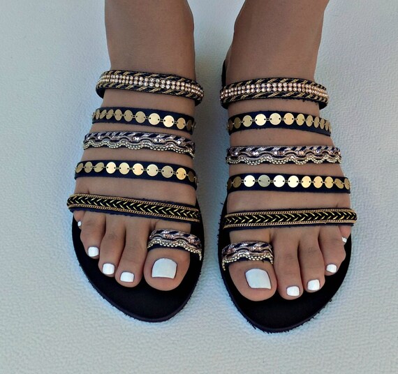 Sandalias de cuero griego negro sandalias Boho negras para | Etsy México
