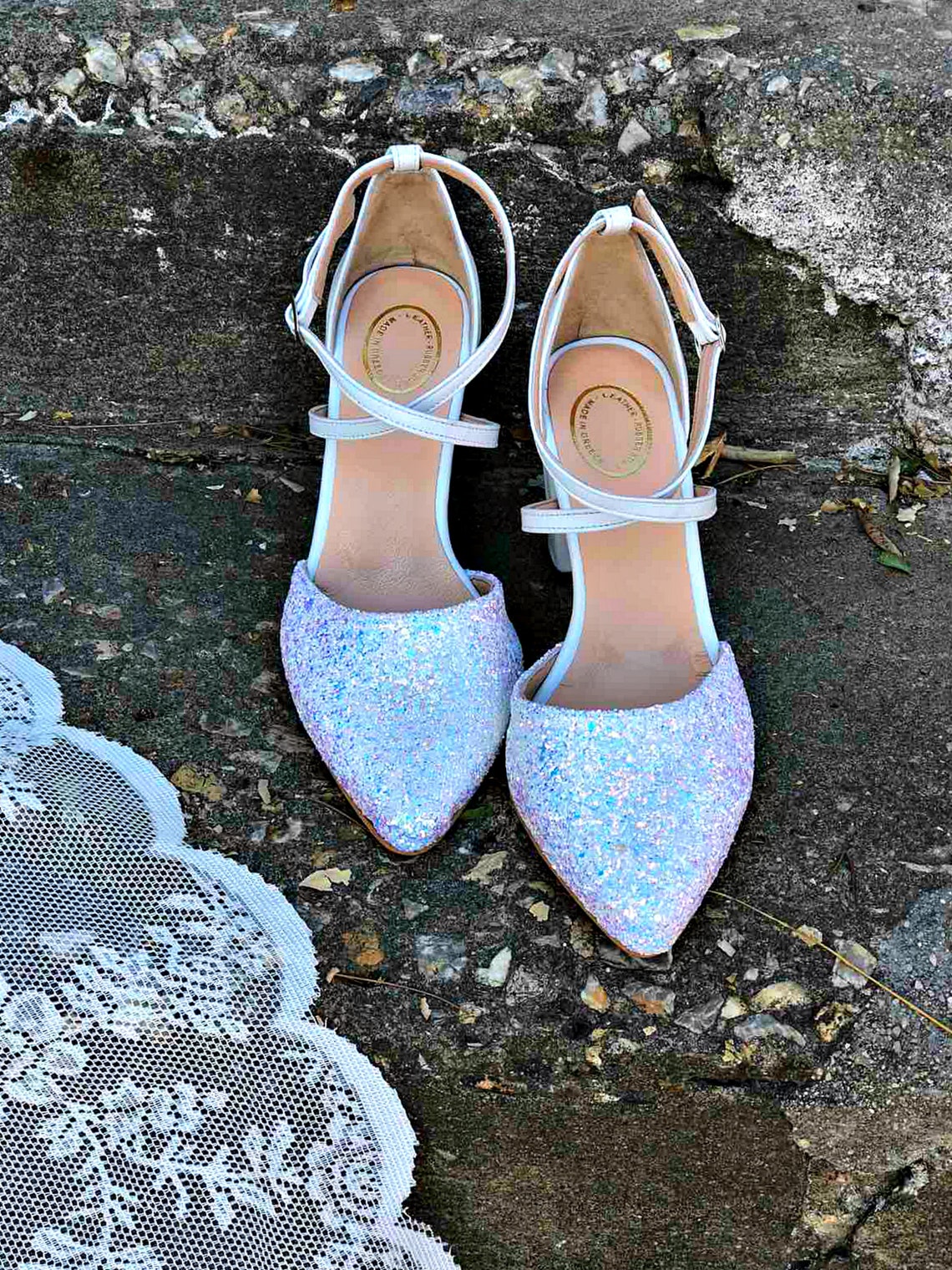 white glitter block heels