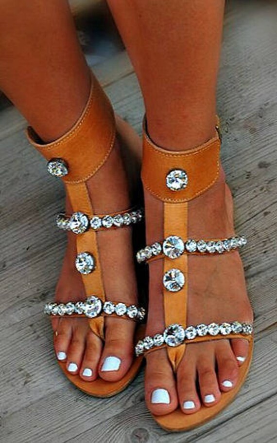 juwelen sandaal handgemaakte bruidssandaal Dia 's Griekse lederen Sandaal bruids kristallen schoenen Vrouwen bruiloft sandalen versierd platte gladiator Schoenen damesschoenen Sandalen Espadrilles & Sleehakken 