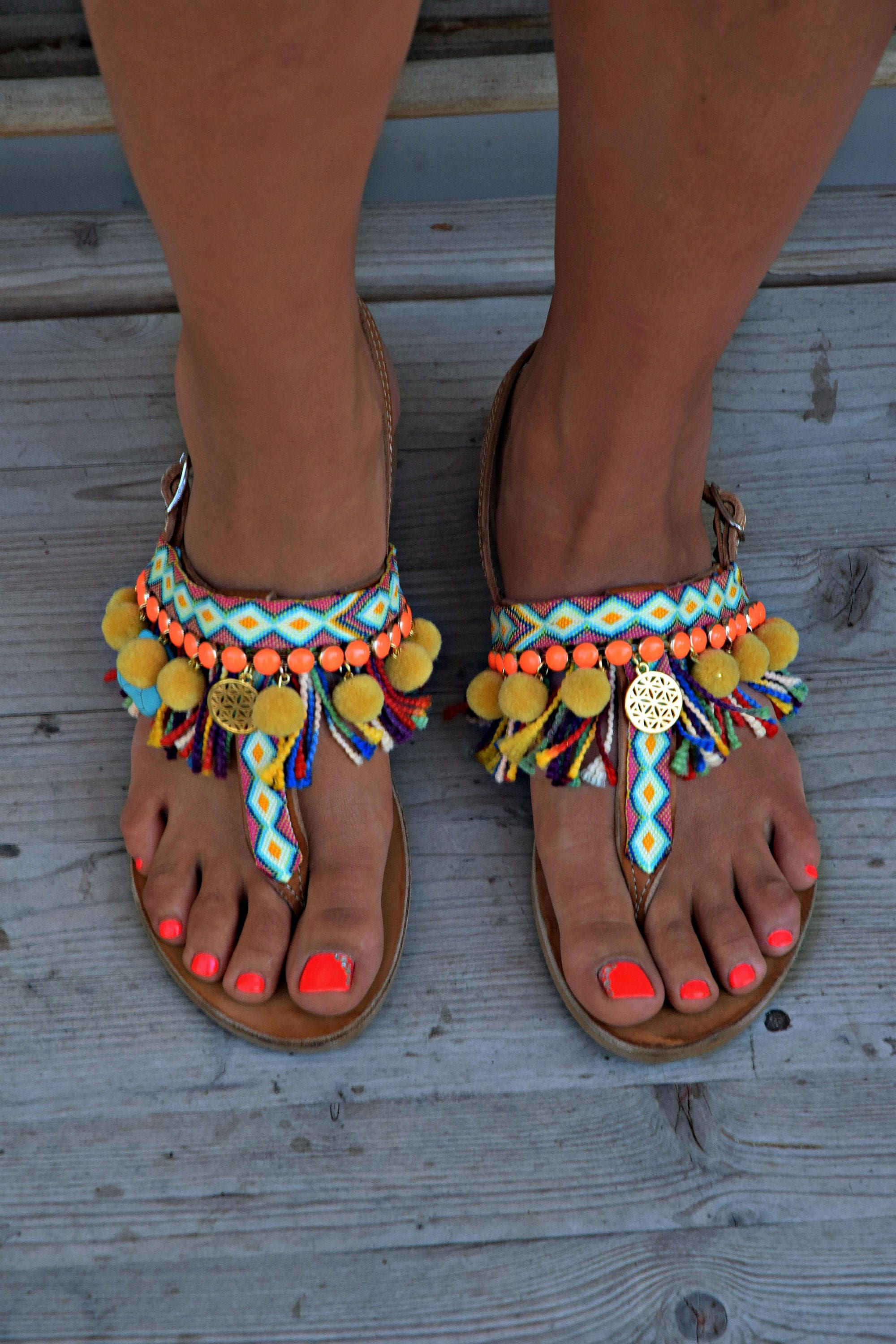Handmade Sandals Boho Sandals Greek Leather Sandals Pom Pom | Etsy