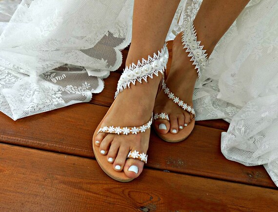 Bruiloft kant sandalen voor Bruid witte bruiloft sandaal | Etsy Nederland