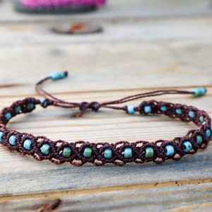 Brown Macrame Ankle Bracelet With Aqua Blue Glass Beads - Boho Chic - Tribal - Beach- Hippie - Summer Accessories - Surf Jewelry - Indie