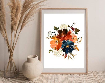 Digital Download Poster Printable Wall Art Orange and Teal Abstract Watercolor Flower Painting Print