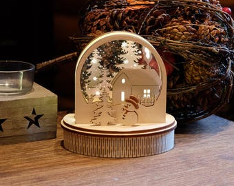 Wooden Handmade Snowglobe, Wooden Winter Wonderland Lighting, Winter Decoration, Christmas Lights, Edge Lit Winter Scene