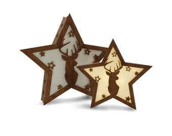 Wooden Winter Christmas Lights Deer And Stars, Winter Decoration, Christmas Lights