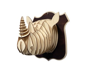 Wooden Rhino Head Trophy Birch Wood Rhino Head Wood Wall Art Home Decor Animal Art