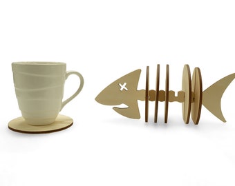 Wooden Fish Bone Coaster Set, Fish Coaster, Handmade Animal Coasters, Home Decor