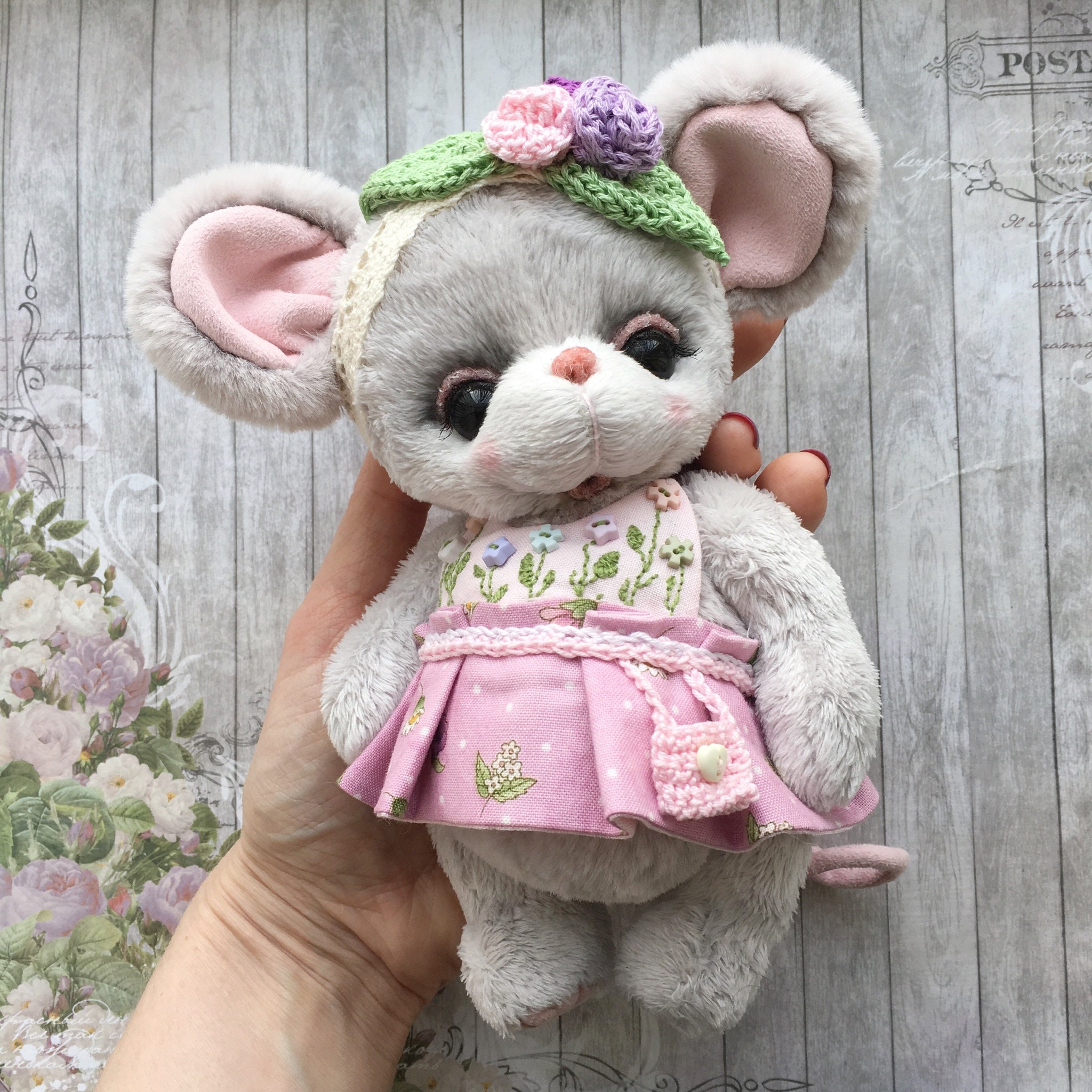 Teddy Mouse Floret gray soft plush hand made toy stuffed. | Etsy