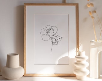 Impresión artística de línea de rosas: Boceto floral minimalista, póster botánico, blanco y negro (descarga digital)