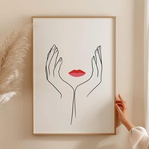 Hands and lips, Minimal female face drawing, Hands line print, Single line art, Sketch art, Woman art, One line drawing, Digital download
