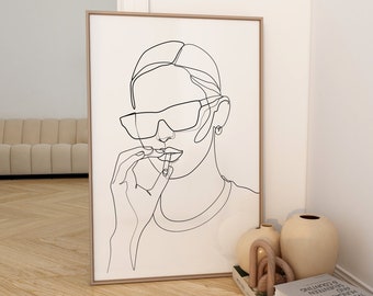 Woman smoking line drawing, Woman with cigarette printable art, Face line art, Line drawing woman, Single line, Black and white, Trendy art