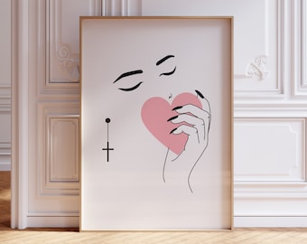 Woman face line art | Heart print | Minimalist modern art | Girl with earring | Hand illustration | Fashion wall art | Beauty poster