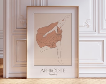 May include: A framed print with a line drawing of a woman in a flowing dress. The text "APHRODITE" and "Αφροδίτη" is at the bottom of the print.