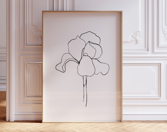 Impresión minimalista de arte lineal de flor de iris: decoración botánica para pared, boceto de planta (descarga digital)