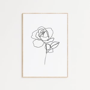 Puede incluir: Un dibujo en blanco y negro de una sola rosa con tallo y hojas.