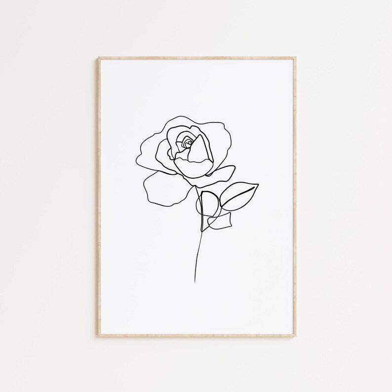 Puede incluir: Un dibujo en blanco y negro de una sola rosa con tallo y hojas.